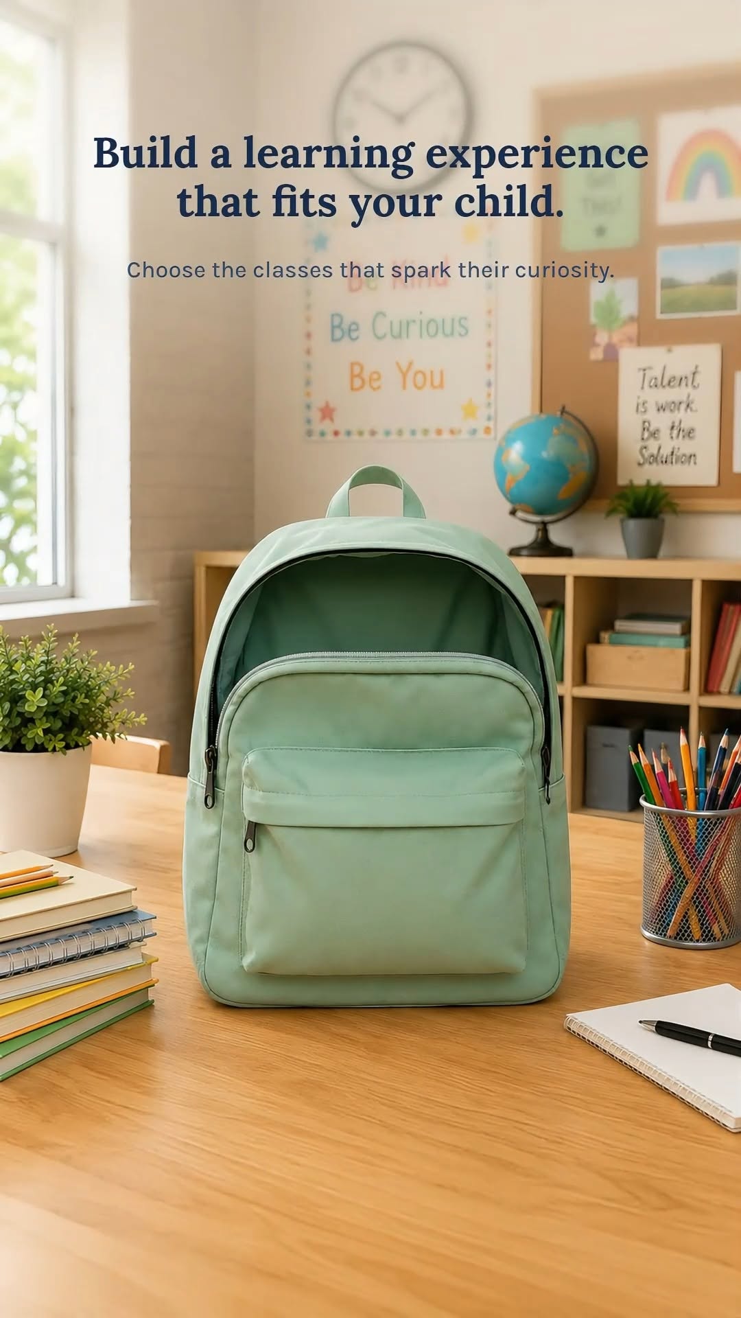 A green backpack on a classroom table with school supplies