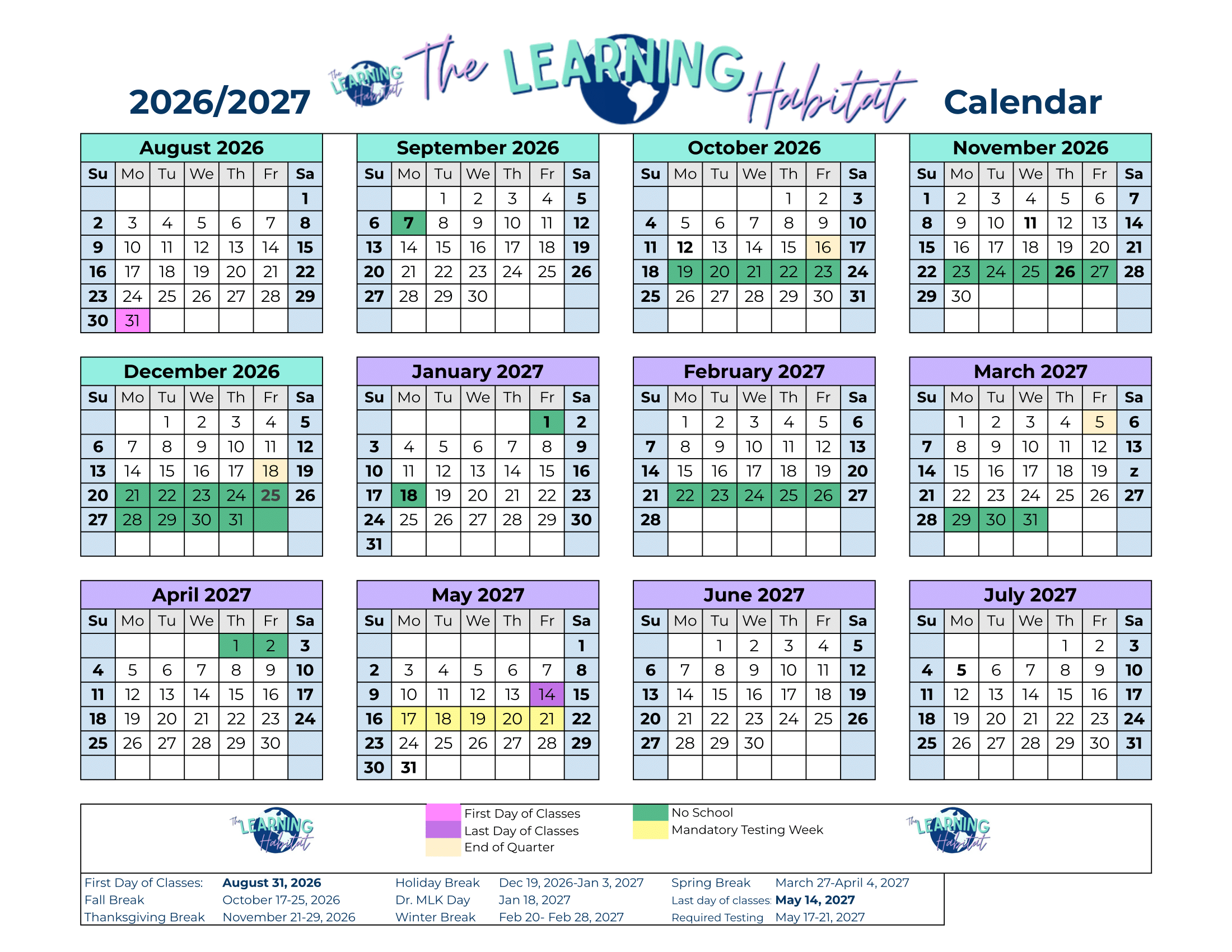 The Learning Habitat 2026–2027 school year calendar